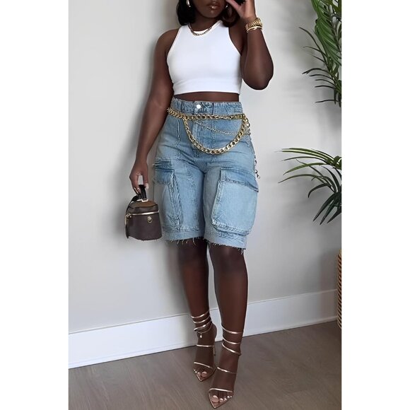 Womens Bermuda Cargo Jean Shorts High Waisted Ripped Raw Hem Denim - Picture 5 of 6